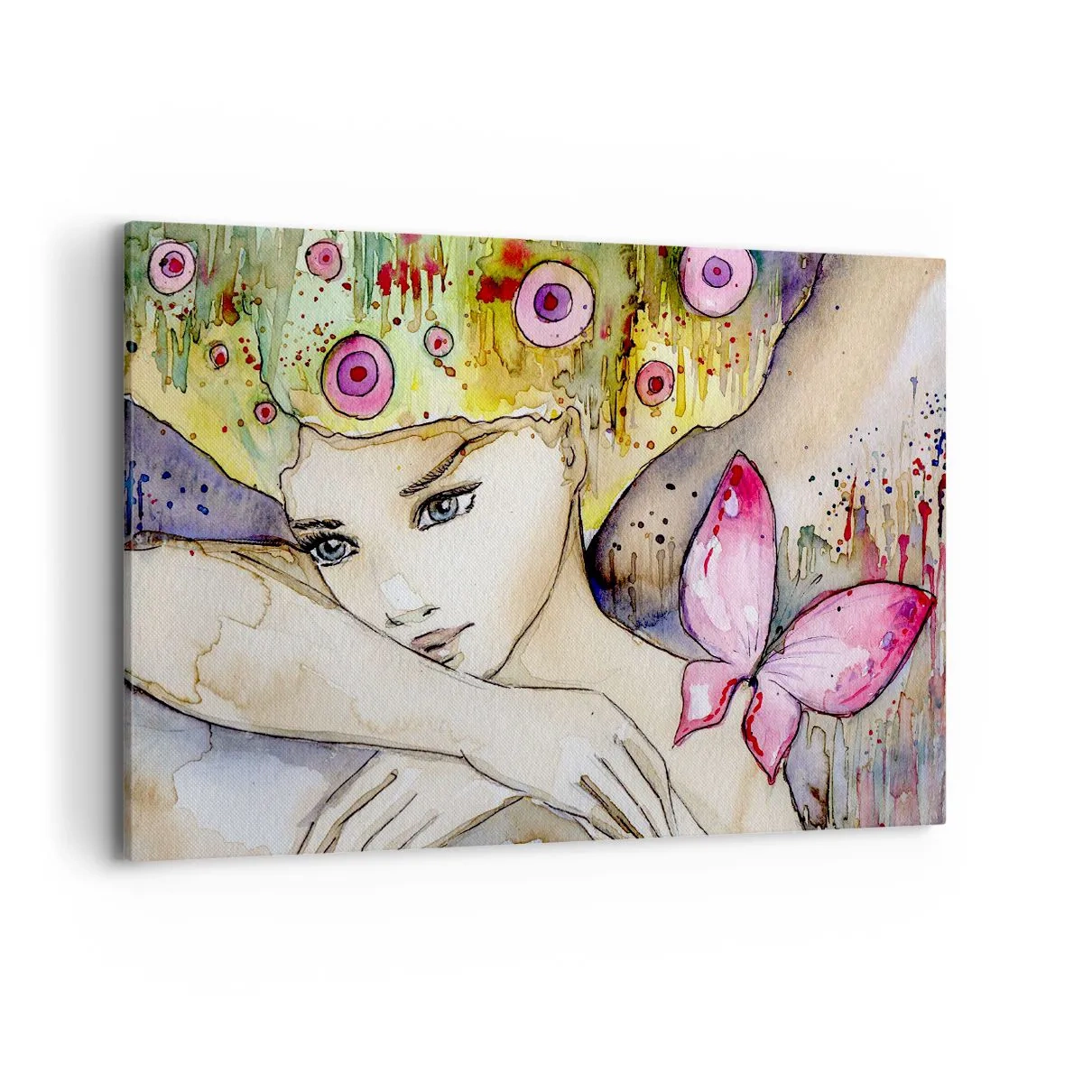 Cuadro sobre lienzo - Impresión de Imagen - Una mujer con un peinado abstracto y una mariposa rosa. - 100x70cm - Una princesa mariposa - Decoración de pared moderna para salón y dormitorio ARTTOR