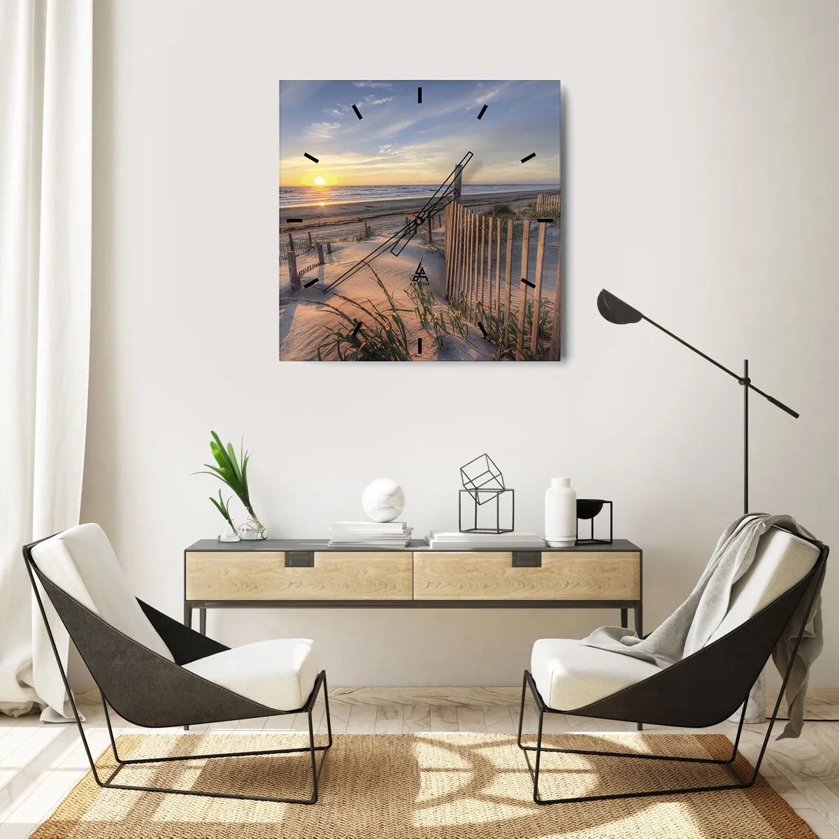 Reloj de pared - Reloj de vidrio - Playa al atardecer con valla de madera - 30x30cm - El resplandor y la sombra del viento - Decoración de pared moderna para salón y dormitorio ARTTOR