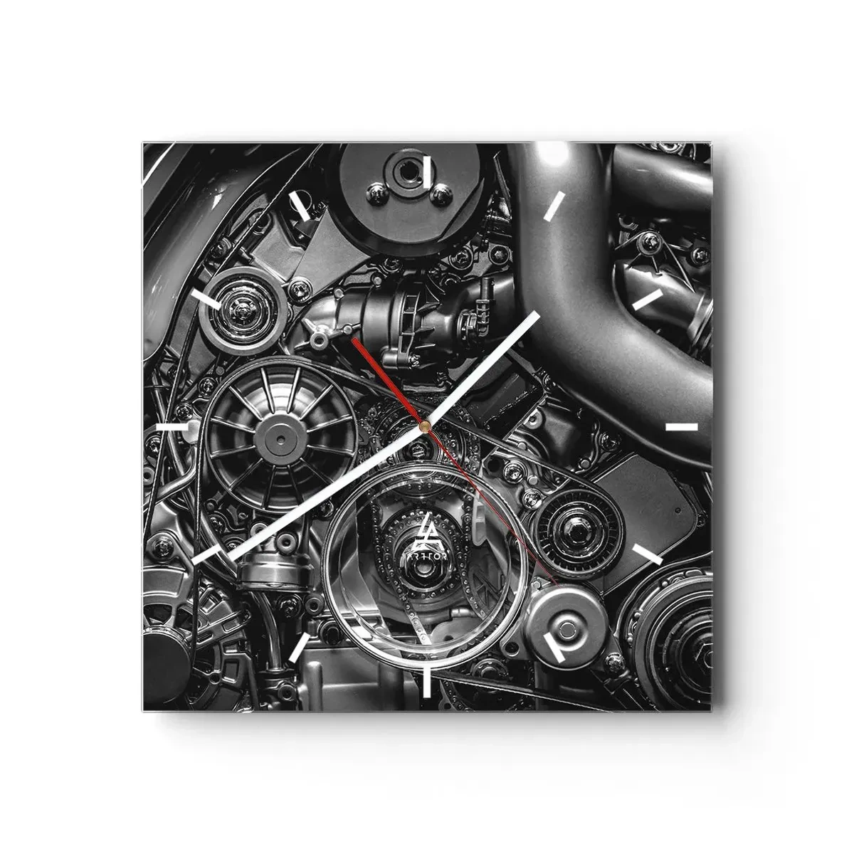 Reloj de pared - Reloj de vidrio - Primer plano en blanco y negro de los detalles mecánicos de un motor de automóvil. - 30x30cm - La poesía de la mecánica - Decoración de pared moderna para salón y dormitorio ARTTOR