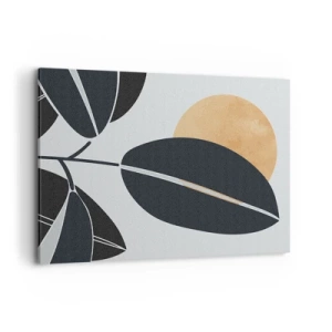 Cuadro sobre lienzo - Impresión de Imagen - Un motivo de hojas minimalista con un sol brillante en el fondo. - 100x70cm - Un día de verano caluroso - Decoración de pared moderna para salón y dormitorio ARTTOR