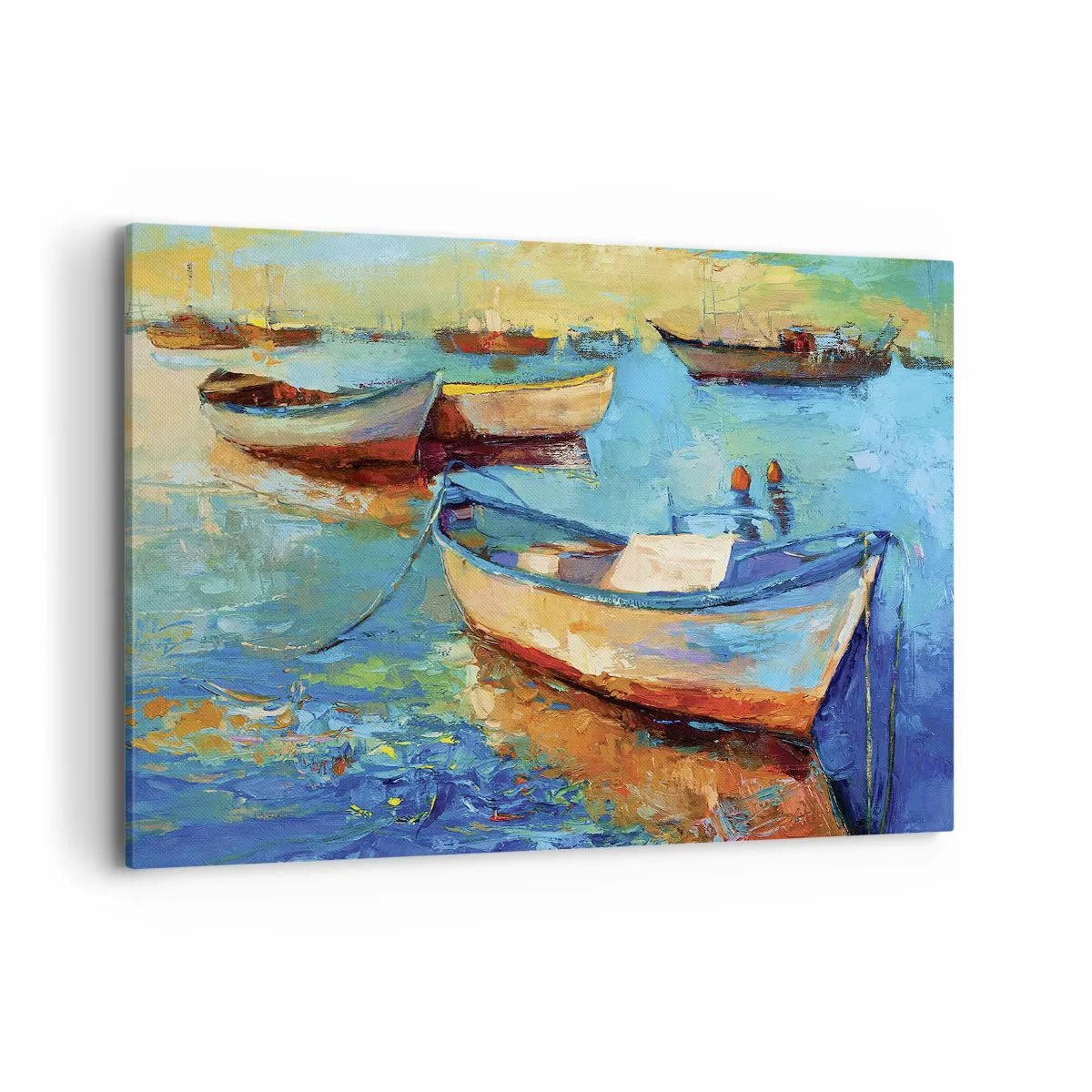 Cuadro sobre lienzo - Impresión de Imagen - Barcos coloridos amarrados en aguas tranquilas - 120x80cm - En la bahía sur - Decoración de pared moderna para salón y dormitorio ARTTOR