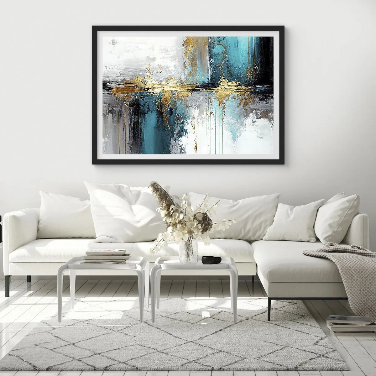 Póster en marco negro - Una composición abstracta con acentos turquesa y dorado. - 70x50cm - Todo fluye - Decoración de pared moderna para salón y dormitorio ARTTOR