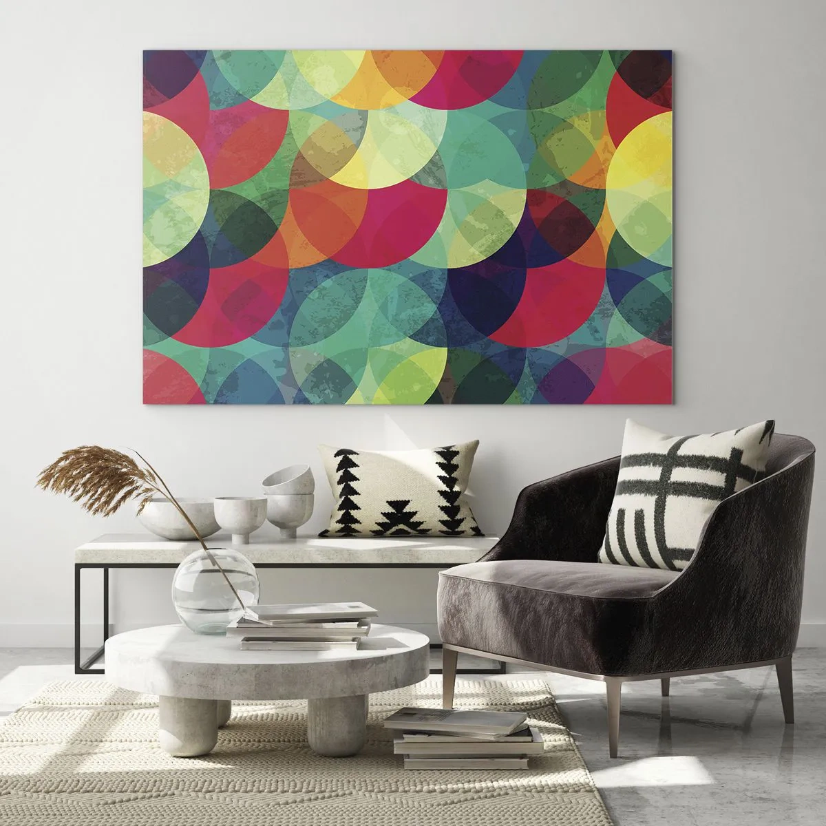 Cuadro sobre vidrio - Impresiones sobre Vidrio - Semicírculos coloridos y superpuestos en una paleta de colores intensa - 120x80cm - Ascensión circular - Decoración de pared moderna para salón y dormitorio ARTTOR