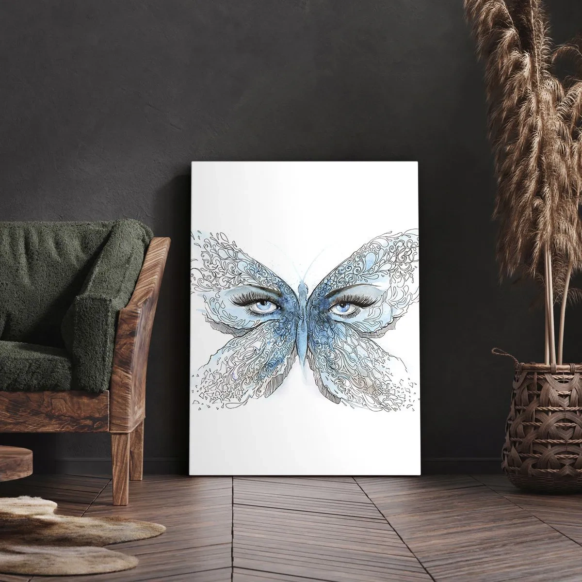 Cuadro sobre lienzo - Impresión de Imagen - Acuarela artística de una mariposa con ojos azules. - 50x70cm - Mirada de mariposa - Decoración de pared moderna para salón y dormitorio ARTTOR