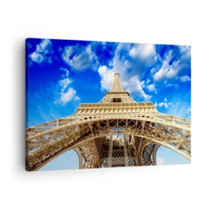 Cuadro sobre lienzo - Impresión de Imagen - La Torre Eiffel desde abajo contra un cielo azul - 70x50cm - Alcanzando el cielo y las nubes - Decoración de pared moderna para salón y dormitorio ARTTOR