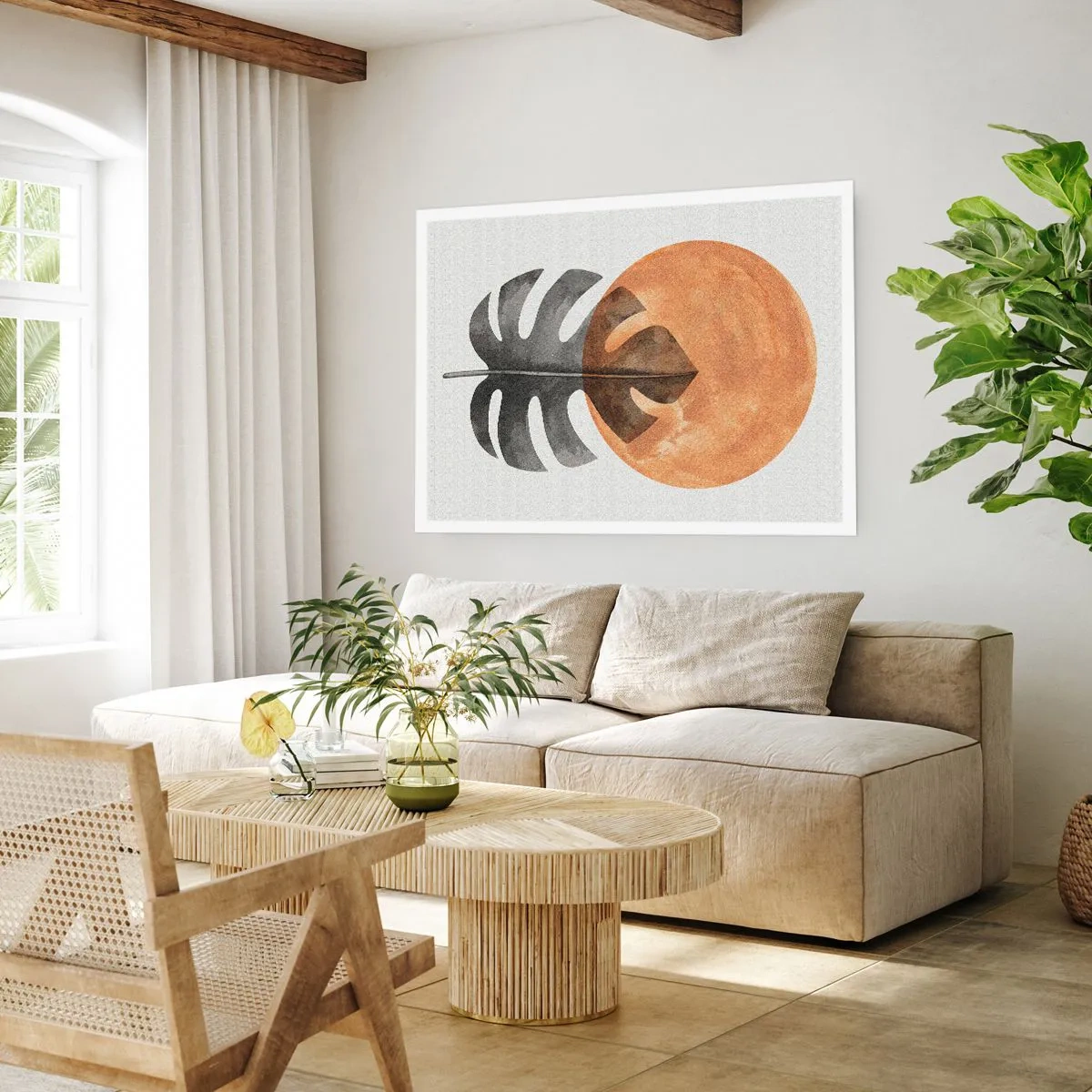 Póster - Hoja de monstera y círculo dorado sobre un fondo claro - 100x70cm - Siempre el sol - Decoración de pared moderna para salón y dormitorio ARTTOR