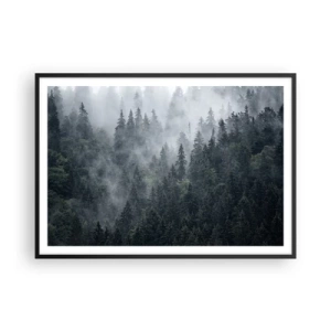 Póster en marco negro - Bosque de coníferas brumoso en tonos grises y verdes. - 100x70cm - Amanecer en el bosque - Decoración de pared moderna para salón y dormitorio ARTTOR