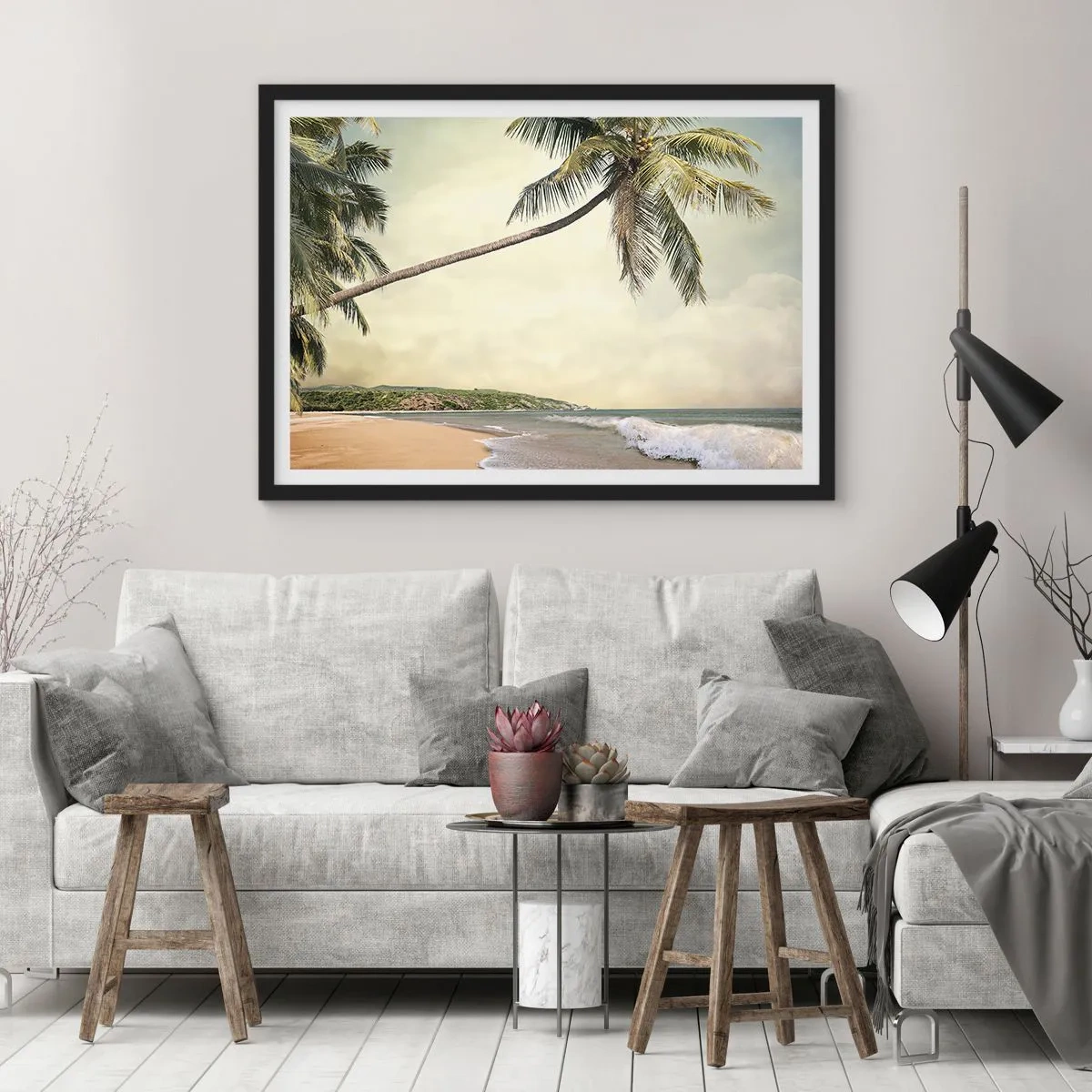 Póster en marco negro - Una playa con palmeras con el mar en calma como telón de fondo. - 70x50cm - Sueño tropical - Decoración de pared moderna para salón y dormitorio ARTTOR