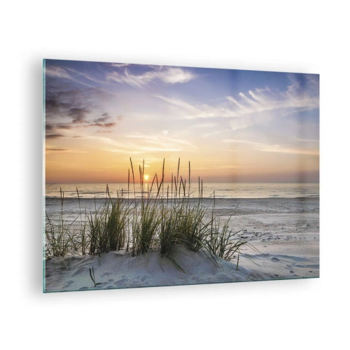 Cuadro sobre vidrio - Impresiones sobre Vidrio - Puesta de sol sobre una playa cubierta de hierba - 70x50cm - Mira, piensa, siente - Decoración de pared moderna para salón y dormitorio ARTTOR