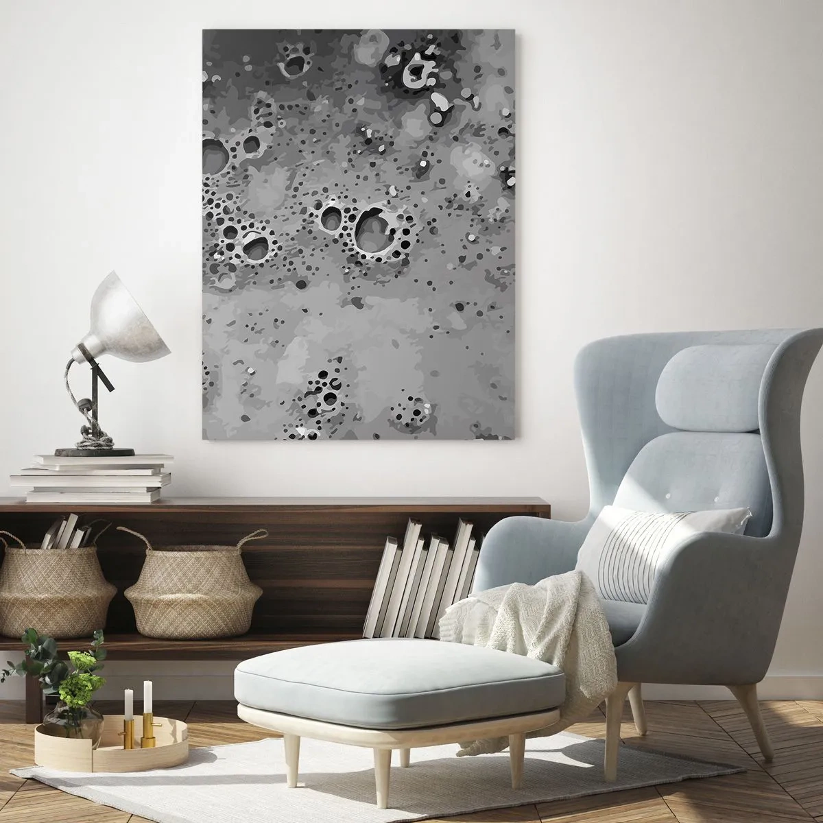 Cuadro sobre vidrio - Impresiones sobre Vidrio - Patrón abstracto de burbujas en blanco y negro - 70x100cm - Como un paisaje lunar - Decoración de pared moderna para salón y dormitorio ARTTOR