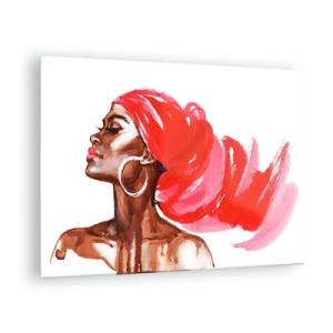 Cuadro sobre vidrio - Impresiones sobre Vidrio - Retrato en acuarela de una mujer con turbante rojo. - 70x50cm - Aroma que te hace sentir - Decoración de pared moderna para salón y dormitorio ARTTOR