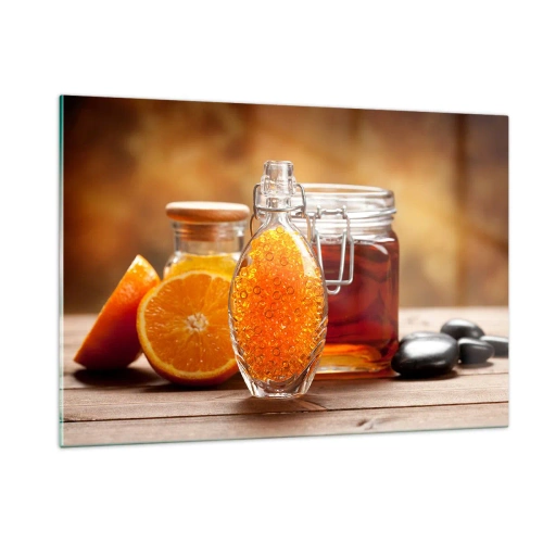 Cuadro sobre vidrio - Impresiones sobre Vidrio - Una botella de aceite y una naranja sobre una mesa de madera. - 120x80cm - Sabores y aromas soleados - Decoración de pared moderna para salón y dormitorio ARTTOR