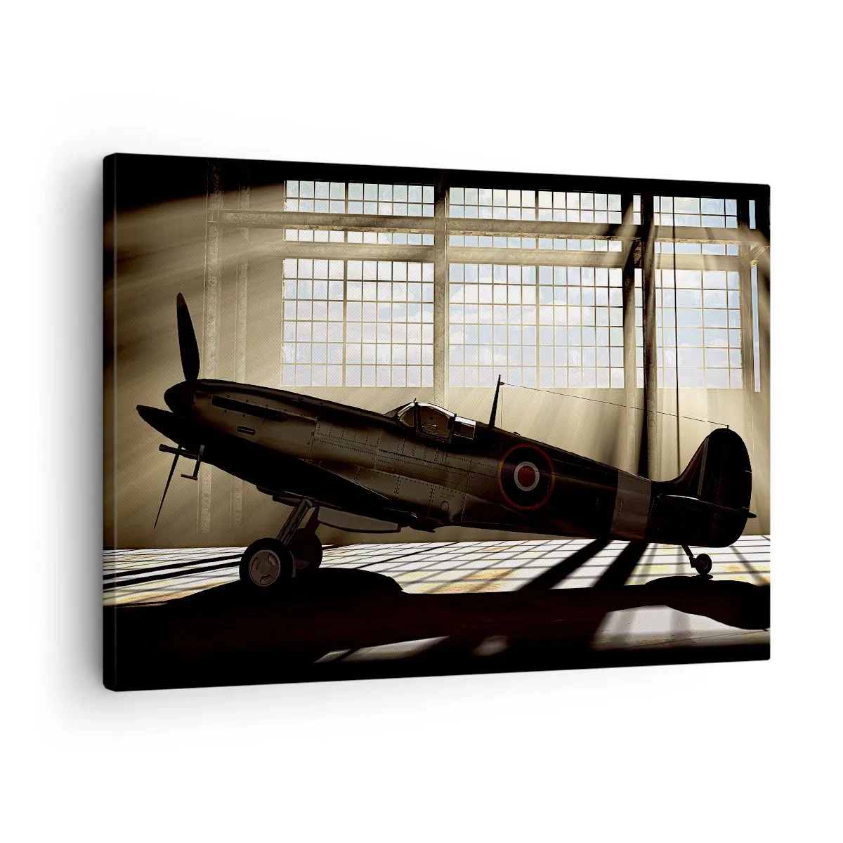 Cuadro sobre lienzo - Impresión de Imagen - Un avión histórico en un hangar iluminado por la luz del sol. - 70x50cm - El descanso del guerrero - Decoración de pared moderna para salón y dormitorio ARTTOR