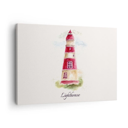 Cuadro sobre lienzo - Impresión de Imagen - Una pintura de acuarela de un faro sobre un fondo claro con una inscripción. - 70x50cm - Siempre observando - Decoración de pared moderna para salón y dormitorio ARTTOR