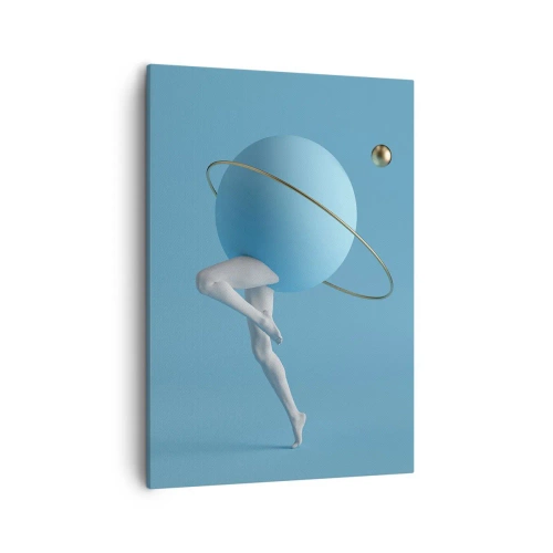 Cuadro sobre lienzo - Impresión de Imagen - Una esfera azul con una órbita y piernas humanas contra el cielo. - 50x70cm - Y los planetas se vuelven locos - Decoración de pared moderna para salón y dormitorio ARTTOR