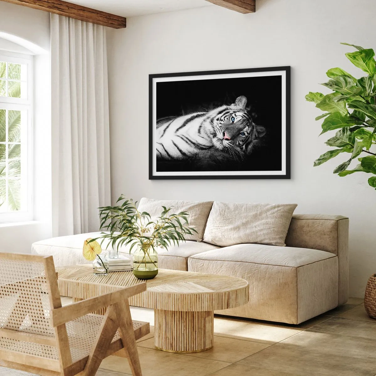 Póster en marco negro - Un tigre blanco representado artísticamente sobre un fondo negro. - 70x50cm - Salvaje y tranquilo - Decoración de pared moderna para salón y dormitorio ARTTOR