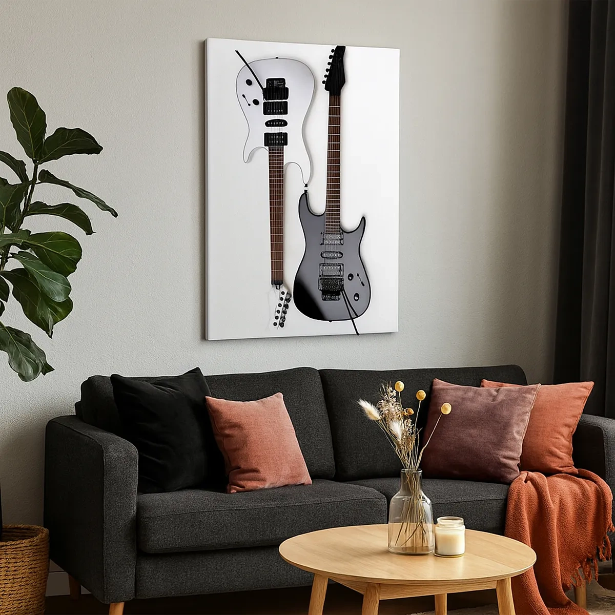 Cuadro sobre lienzo - Impresión de Imagen - Dos guitarras eléctricas en blanco y negro sobre fondo claro. - 50x70cm - Armonía de formas - Decoración de pared moderna para salón y dormitorio ARTTOR