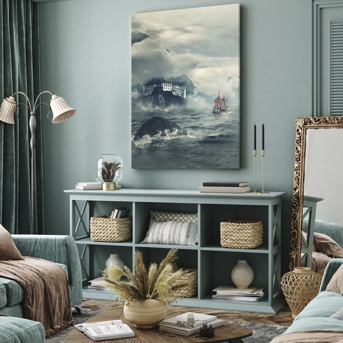 Cuadro sobre lienzo - Impresión de Imagen - Un paisaje misterioso con un castillo, montañas y un barco. - 50x70cm - En aguas mágicas - Decoración de pared moderna para salón y dormitorio ARTTOR