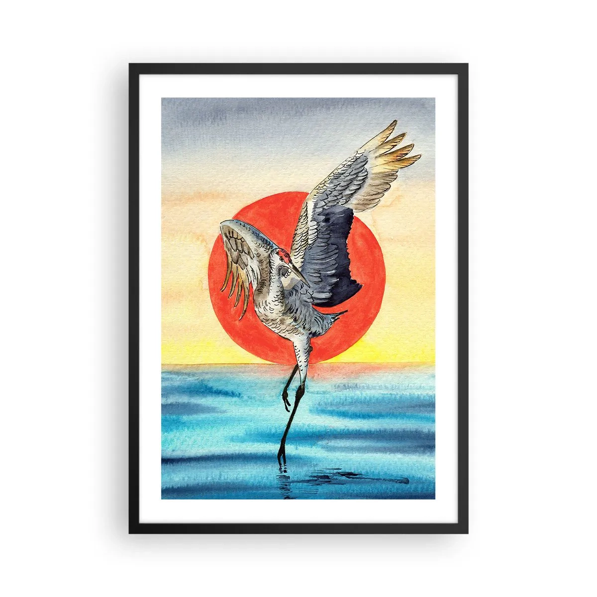Póster en marco negro - Una grúa flotando sobre el agua contra un sol rojo. - 50x70cm - Hora de volver - Decoración de pared moderna para salón y dormitorio ARTTOR