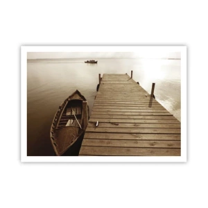 Póster - Muelle de madera y barco en un lago tranquilo - 100x70cm - La auténtica paz - Decoración de pared moderna para salón y dormitorio ARTTOR