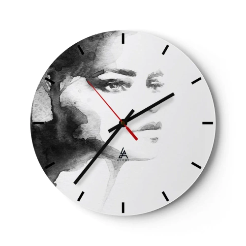 Reloj de pared - Reloj de vidrio - Retrato en acuarela en blanco y negro de una mujer - 30x30cm - Hecho de misterio y niebla - Decoración de pared moderna para salón, cocina y dormitorio ARTTOR