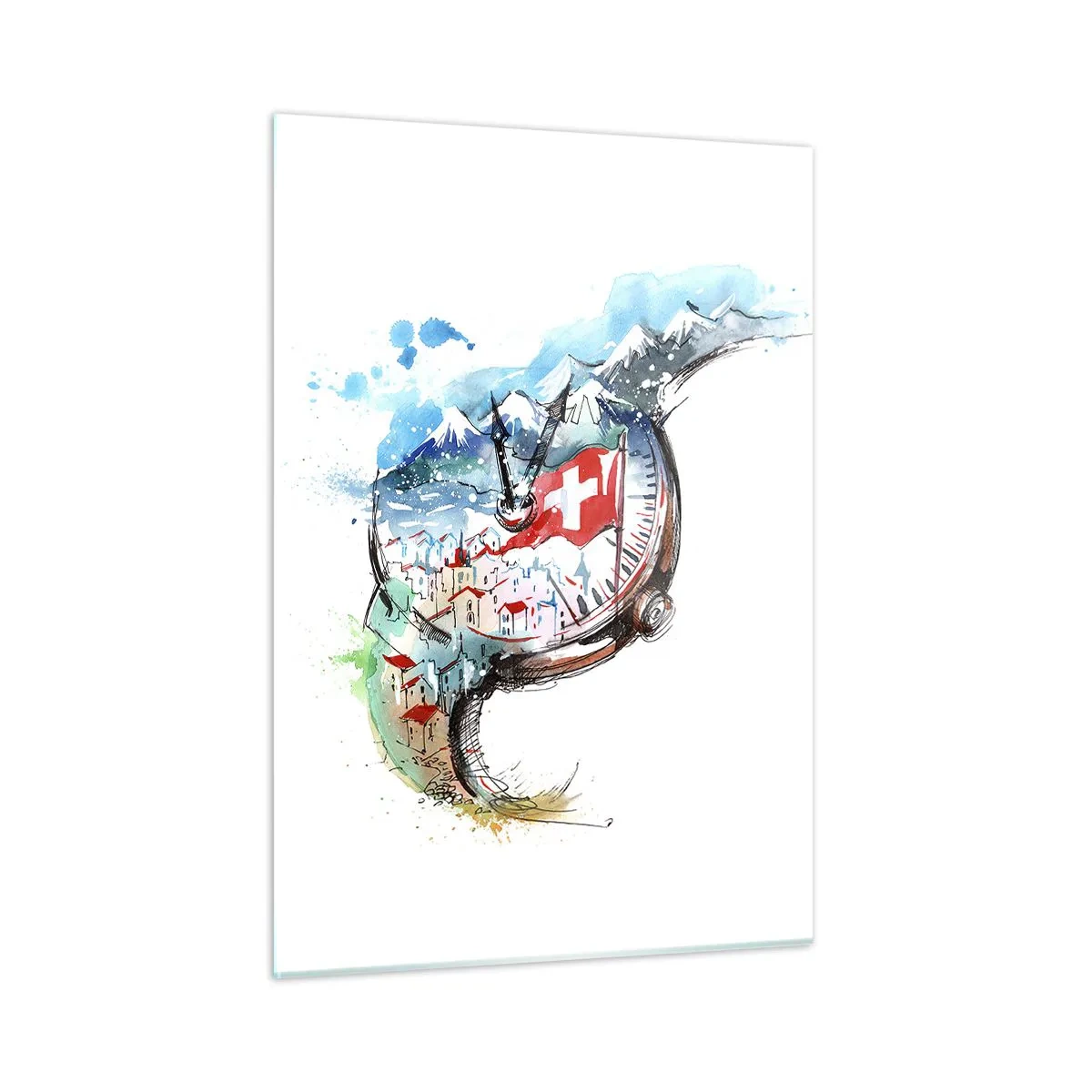 Cuadro sobre vidrio - Impresiones sobre Vidrio - Pintura de acuarela de un paisaje suizo con una bandera y un reloj. - 50x70cm - El espíritu de Suiza - Decoración de pared moderna para salón y dormitorio ARTTOR