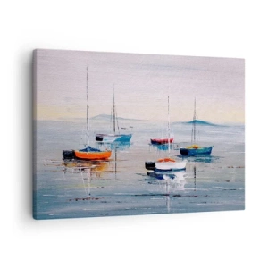 Cuadro sobre lienzo - Impresión de Imagen - Barcos coloridos en aguas tranquilas - 70x50cm - Un más que merecido descanso - Decoración de pared moderna para salón y dormitorio ARTTOR