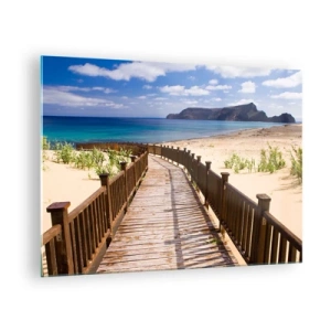 Cuadro sobre vidrio - Impresiones sobre Vidrio - Camino de madera en la playa que conduce al mar. - 70x50cm - Llévame a la isla de la felicidad - Decoración de pared moderna para salón y dormitorio ARTTOR