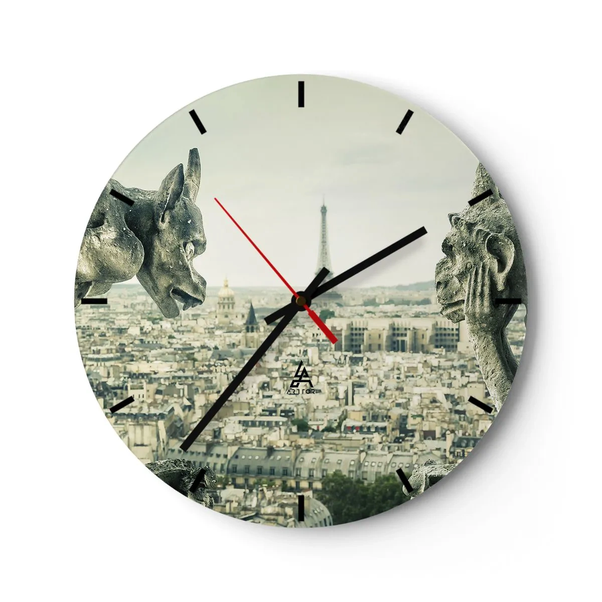 Reloj de pared - Reloj de vidrio - Gárgolas de piedra sobre París con vistas a la Torre Eiffel - 30x30cm - Charlas parisinas - Decoración de pared moderna para salón, cocina y dormitorio ARTTOR
