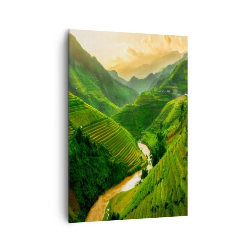 Cuadro sobre lienzo - Impresión de Imagen - Pintorescas terrazas de arroz en un valle verde iluminado por el sol poniente - 70x100cm - Valle vietnamita - Decoración de pared moderna para salón y dormitorio ARTTOR