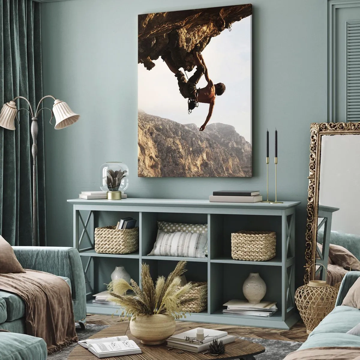 Cuadro sobre lienzo - Impresión de Imagen - Un escalador en un acantilado escarpado en las montañas bajo el sol. - 80x120cm - Un mundo en la roca - Decoración de pared moderna para salón y dormitorio ARTTOR