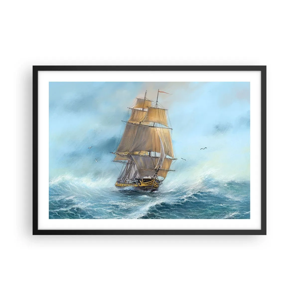 Póster en marco negro - Un velero en un mar tempestuoso - 70x50cm - Surcando las olas - Decoración de pared moderna para salón y dormitorio ARTTOR