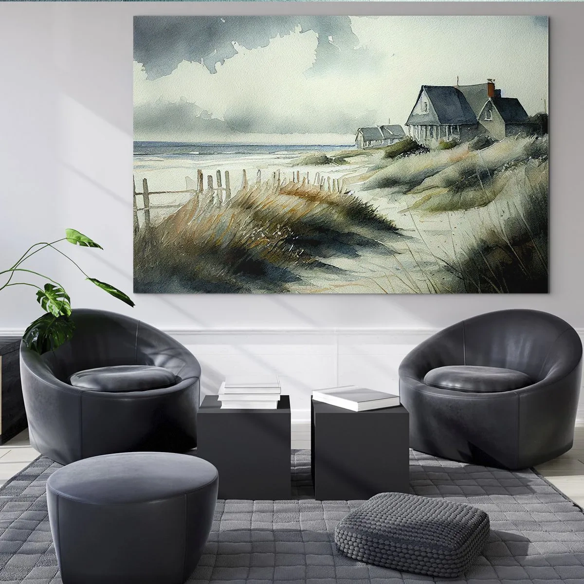 Cuadro sobre vidrio - Impresiones sobre Vidrio - Casas en las dunas frente al mar bajo un cielo nublado - 120x80cm - Lejos del bullicio - Decoración de pared moderna para salón y dormitorio ARTTOR