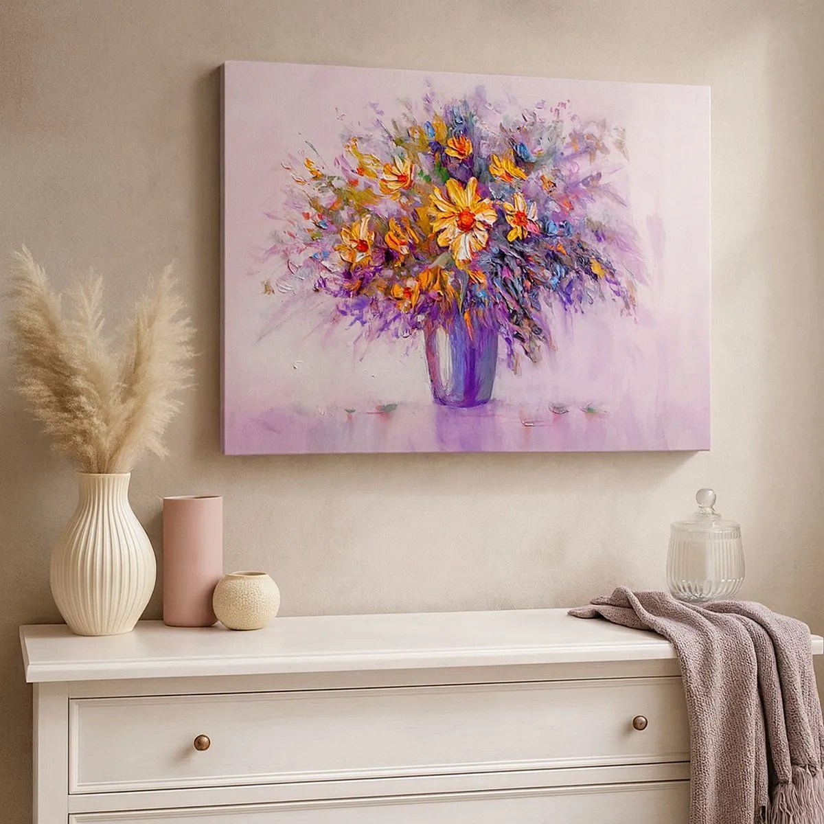 Cuadro sobre lienzo - Impresión de Imagen - Un ramo de flores en un jarrón sobre un fondo pastel. - 70x50cm - Huele dulce, parece dulce - Decoración de pared moderna para salón y dormitorio ARTTOR
