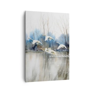 Cuadro sobre lienzo - Impresión de Imagen - Cisnes en vuelo sobre un lago congelado en un paisaje invernal - 70x100cm - Como en un cuento de cisnes salvajes - Decoración de pared moderna para salón y dormitorio ARTTOR