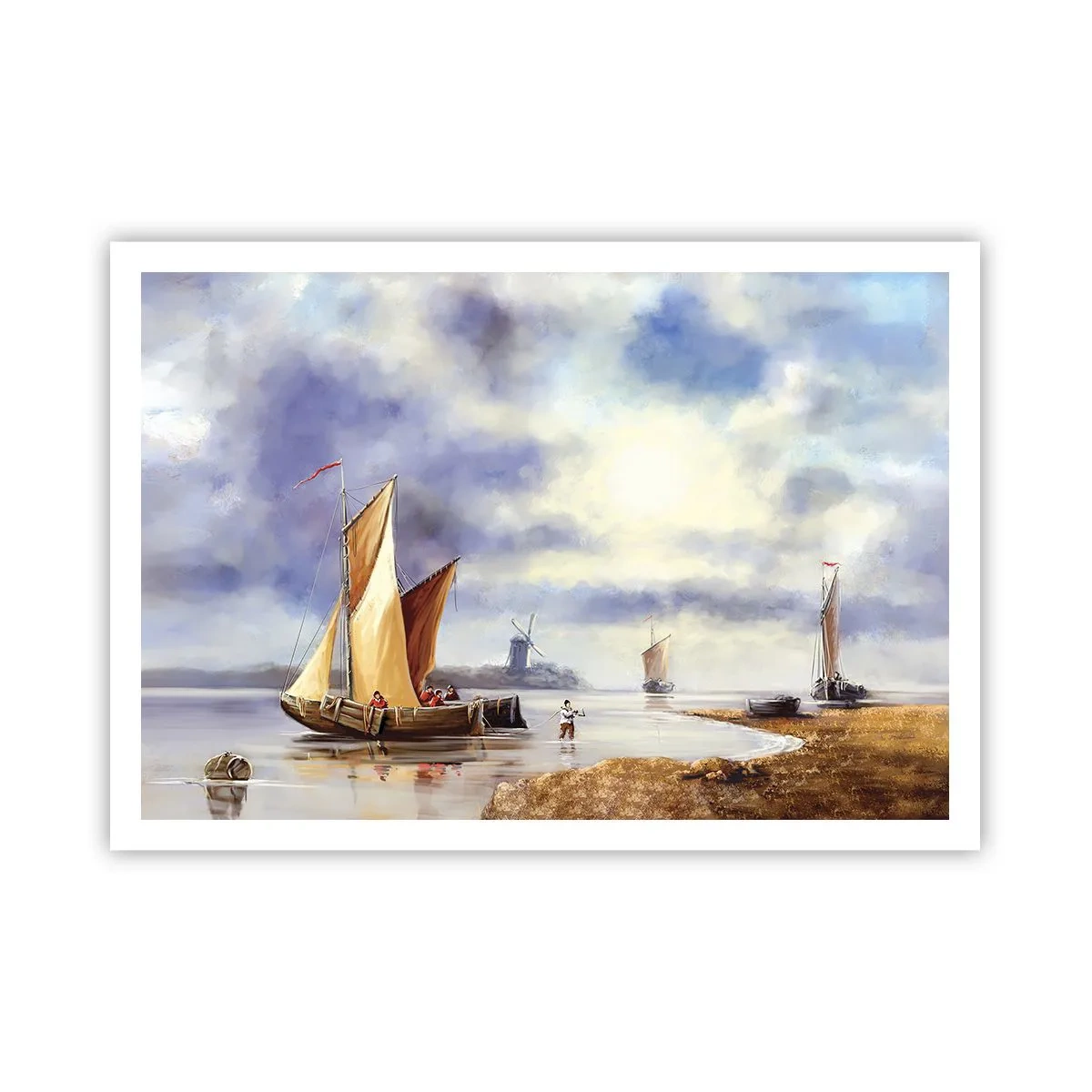 Póster - Veleros en aguas tranquilas con molinos de viento al fondo - 100x70cm - El regreso de los marineros - Decoración de pared moderna para salón y dormitorio ARTTOR