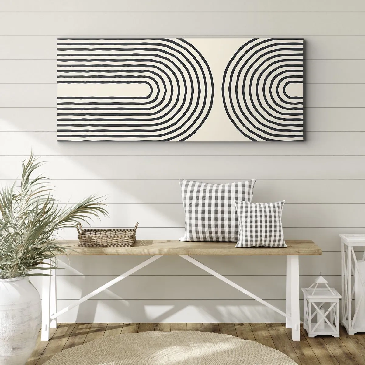Cuadro sobre lienzo - Impresión de Imagen - Patrón geométrico abstracto con líneas simétricas sobre un fondo claro. - 160x50cm - Próximamente... - Decoración de pared moderna para salón y dormitorio ARTTOR