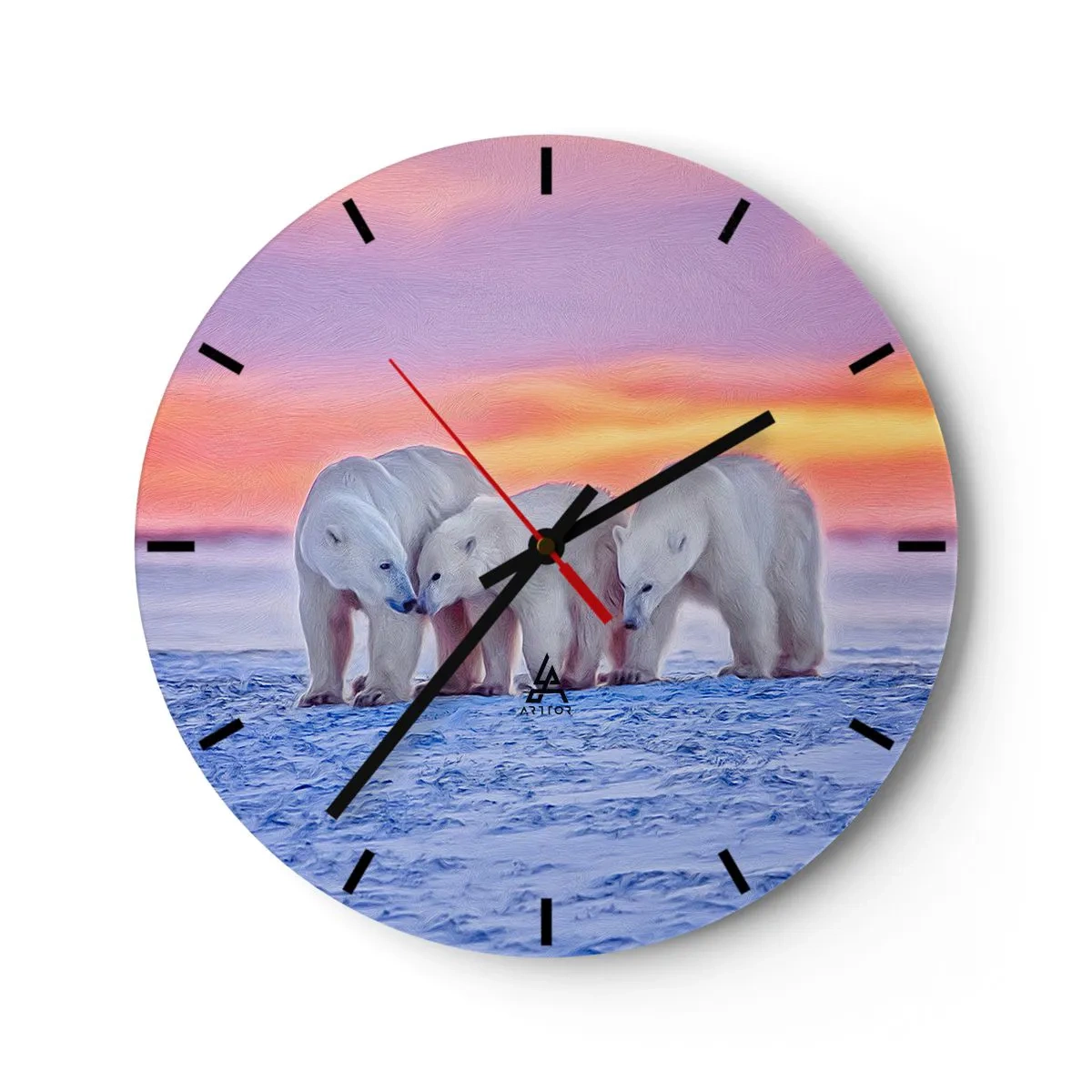 Reloj de pared - Reloj de vidrio - Tres osos polares en la nieve al atardecer - 30x30cm - Todo lo que necesitas es el calor de la familia - Decoración de pared moderna para salón, cocina y dormitorio ARTTOR
