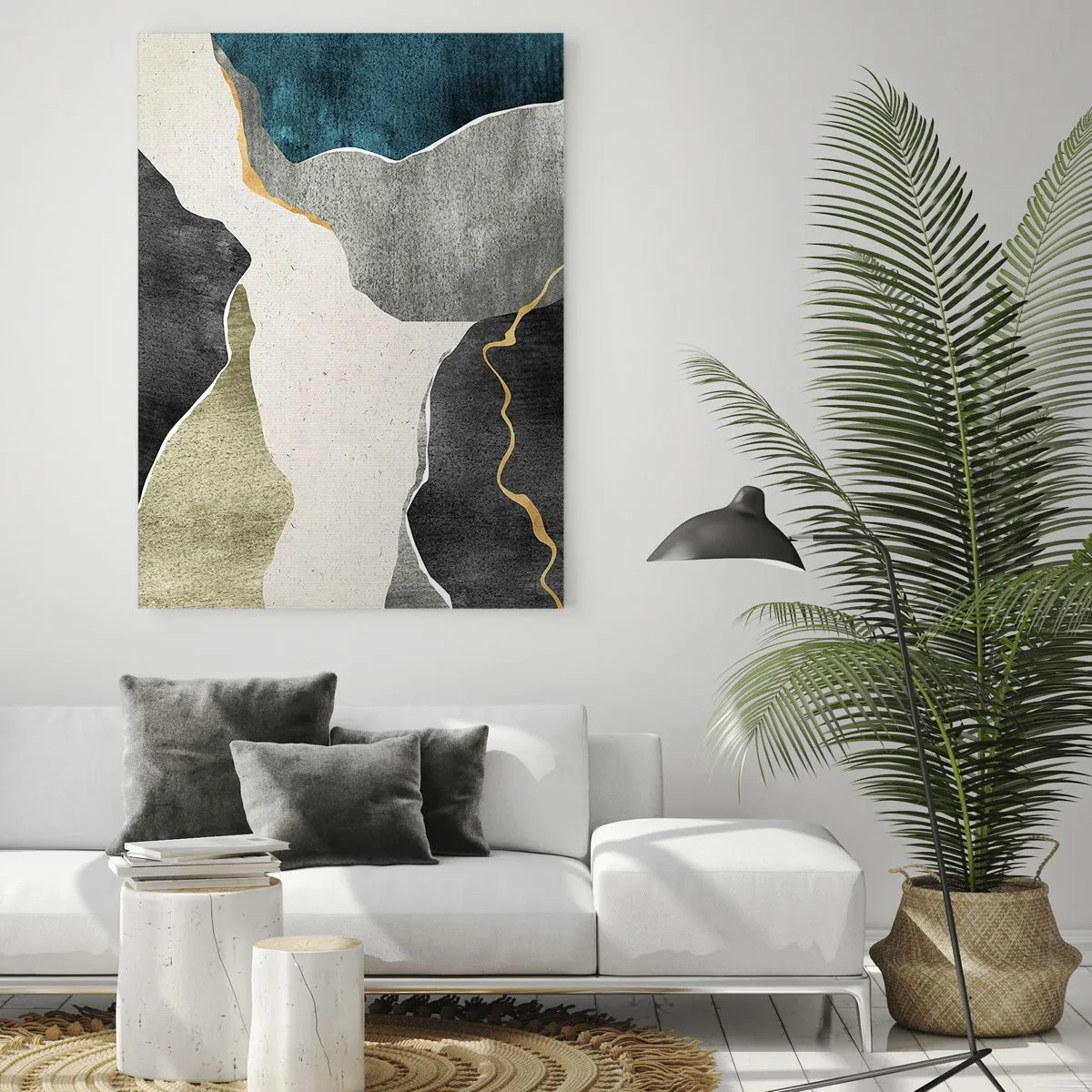 Cuadro sobre vidrio - Impresiones sobre Vidrio - Formas geométricas en tonos grises, verdes y dorados. - 70x100cm - Composición en mosaico con una hebra de oro - Decoración de pared moderna para salón y dormitorio ARTTOR