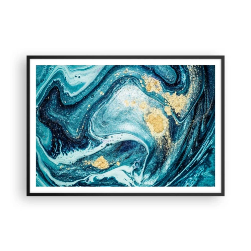 Póster en marco negro - Una composición abstracta de ondas y acentos dorados. - 100x70cm - Vórtice azul - Decoración de pared moderna para salón y dormitorio ARTTOR