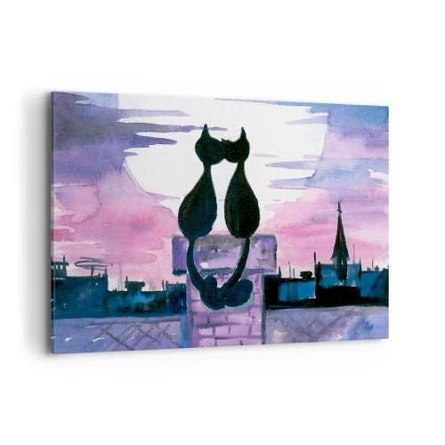 Cuadro sobre lienzo - Impresión de Imagen - Gatos negros en un tejado a la luz de la luna en un entorno de acuarela - 120x80cm - Cita bajo la luna - Decoración de pared moderna para salón y dormitorio ARTTOR