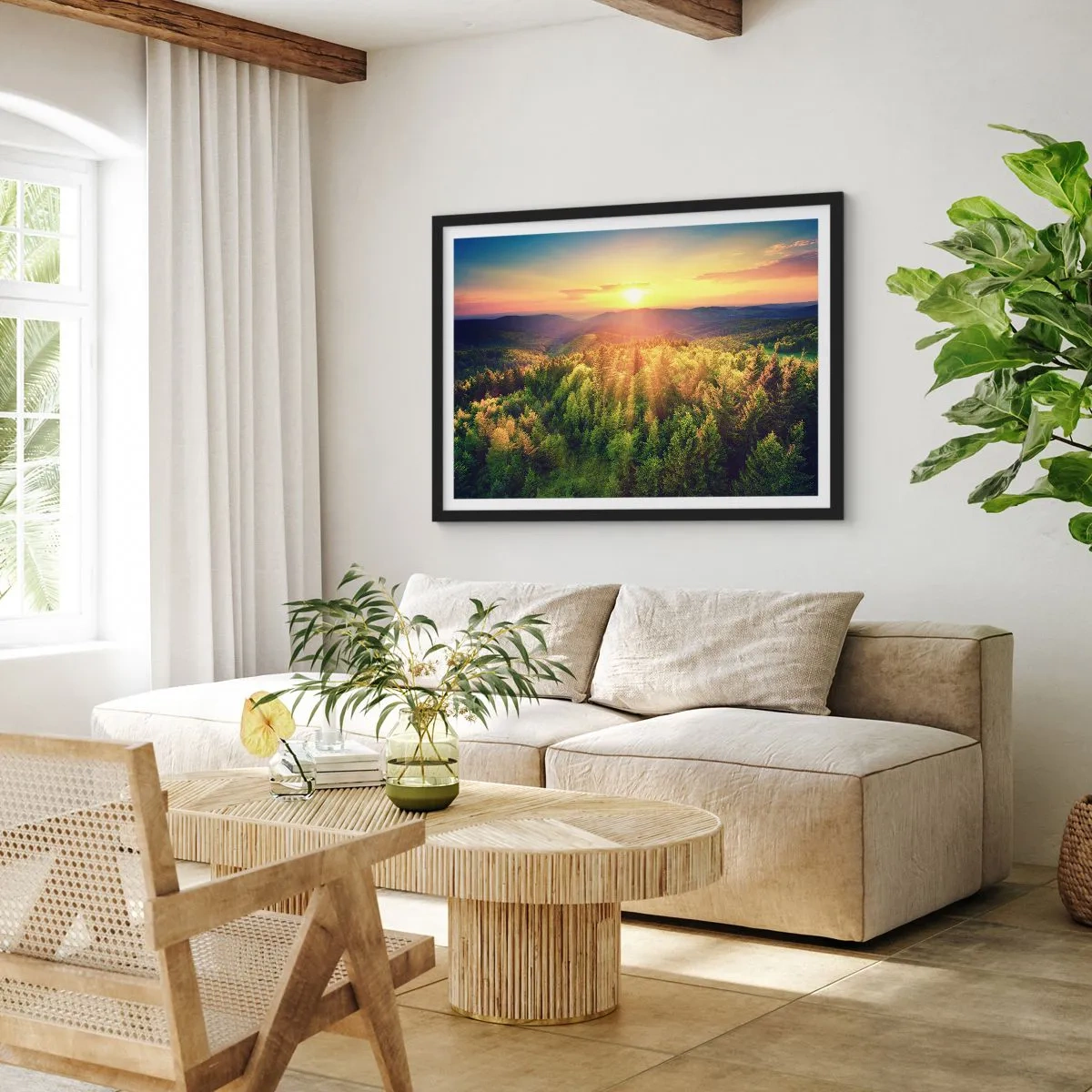 Póster en marco negro - Paisaje forestal con puesta de sol sobre las colinas - 70x50cm - Desde lo alto - Decoración de pared moderna para salón y dormitorio ARTTOR