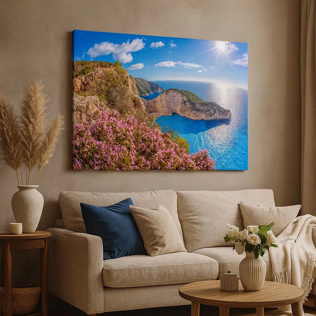 Cuadro sobre lienzo - Impresión de Imagen - Un acantilado con flores, un mar turquesa y un soleado paisaje griego. - 70x50cm - Mis grandes vacaciones en Grecia - Decoración de pared moderna para salón y dormitorio ARTTOR
