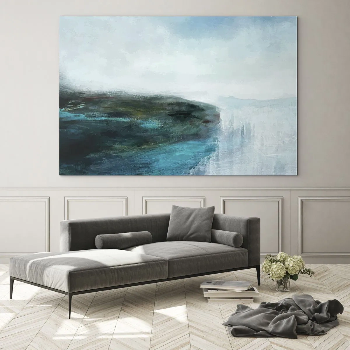 Cuadro sobre vidrio - Impresiones sobre Vidrio - Paisaje acuático abstracto con colores azul y blanco dominantes - 100x70cm - Abstracción marina - Decoración de pared moderna para salón y dormitorio ARTTOR