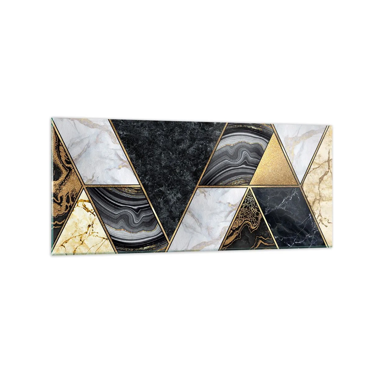Cuadro sobre vidrio - Impresiones sobre Vidrio - Triángulos geométricos en dorado, mármol y tonos oscuros. - 120x50cm - Collage de piedras - Decoración de pared moderna para salón y dormitorio ARTTOR