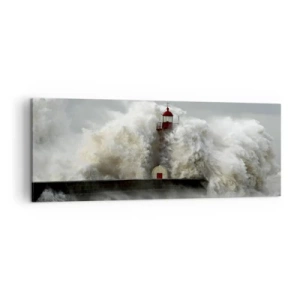 Cuadro sobre lienzo - Impresión de Imagen - Un faro rodeado de fuertes olas durante una tormenta. - 140x50cm - La furia del océano - Decoración de pared moderna para salón y dormitorio ARTTOR