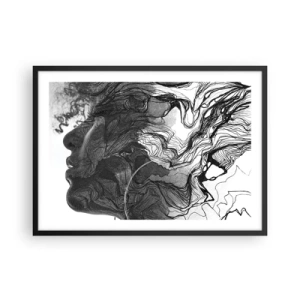 Póster en marco negro - Rostro abstracto en blanco y negro con líneas dinámicas. - 70x50cm - Enredada en sueños - Decoración de pared moderna para salón y dormitorio ARTTOR