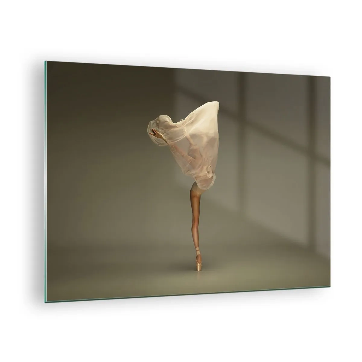 Cuadro sobre vidrio - Impresiones sobre Vidrio - Una bailarina en una pose delicada con el velo levantado. - 70x50cm - A punto de volar - Decoración de pared moderna para salón y dormitorio ARTTOR