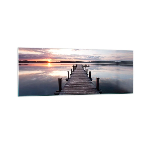 Cuadro sobre vidrio - Impresiones sobre Vidrio - Un muelle en un lago al atardecer en un paisaje tranquilo. - 140x50cm - Frontera silenciosa del día y la noche - Decoración de pared moderna para salón y dormitorio ARTTOR