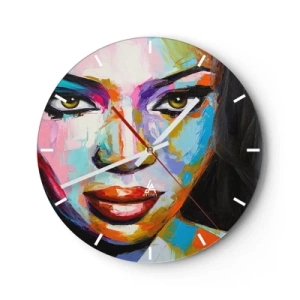 Reloj de pared - Reloj de vidrio - Un retrato colorido de una mujer en colores intensos. - 30x30cm - Mirada penetrante - Decoración de pared moderna para salón, cocina y dormitorio ARTTOR